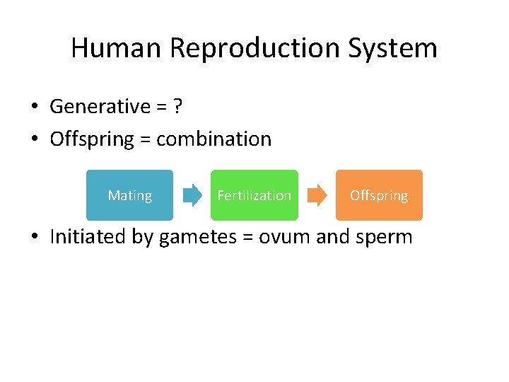 Human Reproduction System • Generative = ? • Offspring = combination Mating Fertilization Offspring