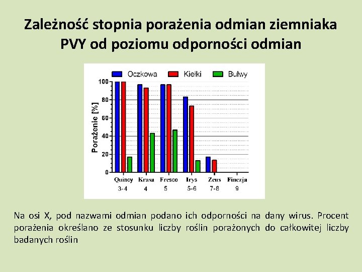 Zależność stopnia porażenia odmian ziemniaka PVY od poziomu odporności odmian Na osi X, pod