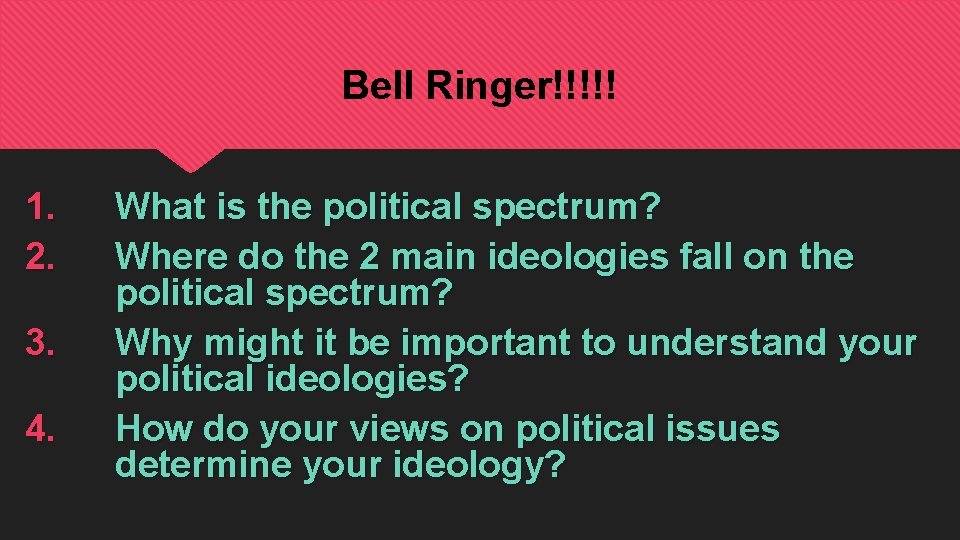 Bell Ringer!!!!! 1. 2. 3. 4. What is the political spectrum? Where do the