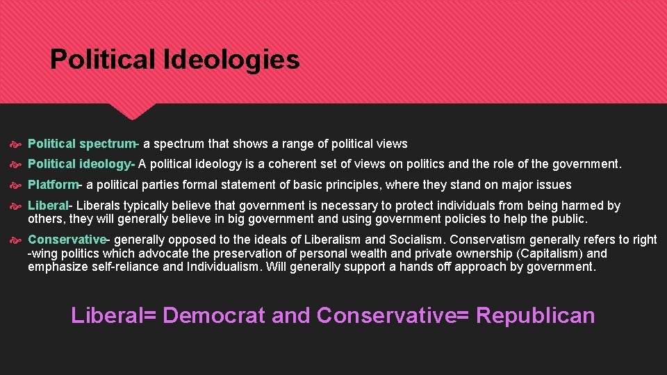 Political Ideologies Political spectrum- a spectrum that shows a range of political views Political