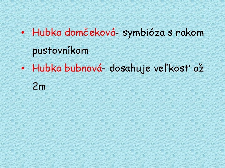  • Hubka domčeková- symbióza s rakom pustovníkom • Hubka bubnová- dosahuje veľkosť až