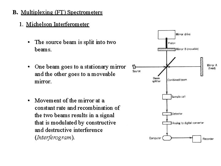 B. Multiplexing (FT) Spectrometers 1. Michelson Interferometer • The source beam is split into