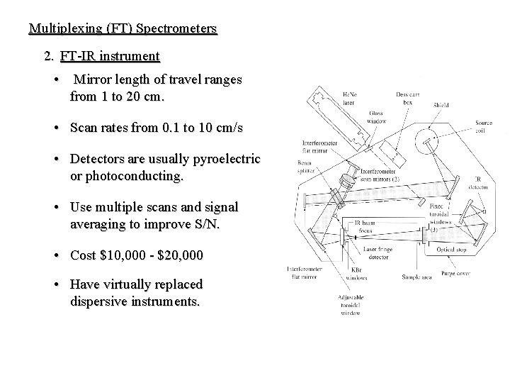 Multiplexing (FT) Spectrometers 2. FT-IR instrument • Mirror length of travel ranges from 1