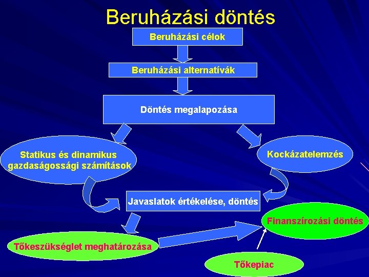 Beruházási döntés Beruházási célok Beruházási alternatívák Döntés megalapozása Kockázatelemzés Statikus és dinamikus gazdaságossági számítások