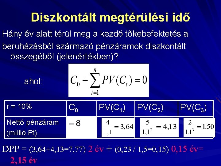Diszkontált megtérülési idő Hány év alatt térül meg a kezdő tőkebefektetés a beruházásból származó