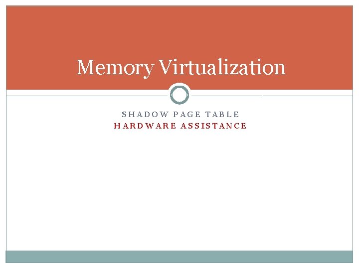 Memory Virtualization SHADOW PAGE TABLE HARDWARE ASSISTANCE 