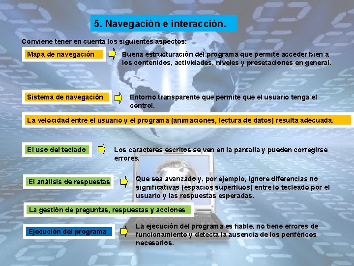 5. Navegación e interacción. Conviene tener en cuenta los siguientes aspectos: Mapa de navegación