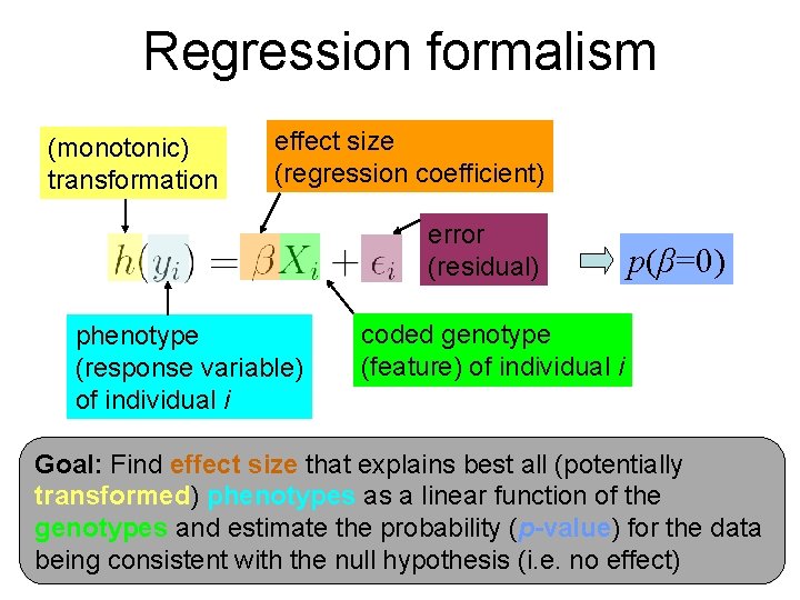 Regression formalism (monotonic) transformation effect size (regression coefficient) error (residual) phenotype (response variable) of