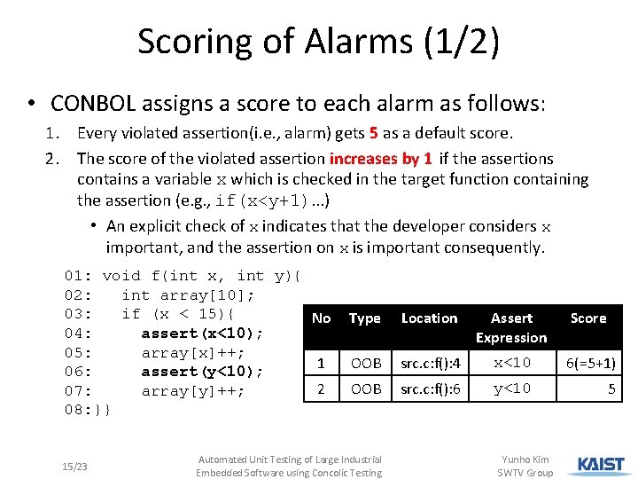 Scoring of Alarms (1/2) • CONBOL assigns a score to each alarm as follows: