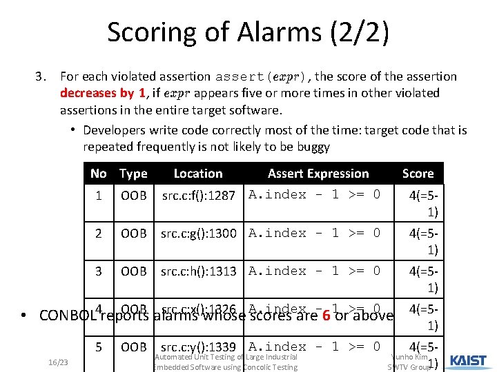 Scoring of Alarms (2/2) 3. For each violated assertion assert(expr), the score of the