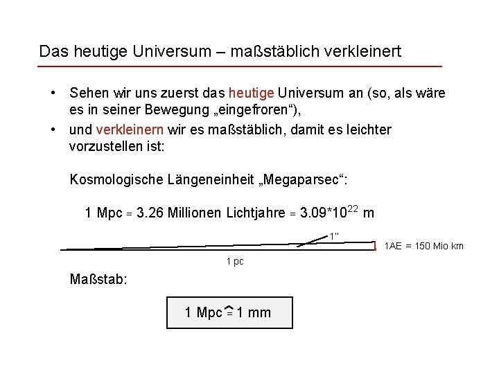 Das heutige Universum – maßstäblich verkleinert • Sehen wir uns zuerst das heutige Universum