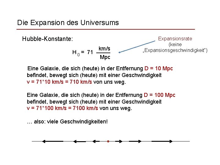 Die Expansion des Universums Hubble-Konstante: H 0 = 71 km/s Expansionsrate (keine „Expansionsgeschwindigkeit“) Mpc