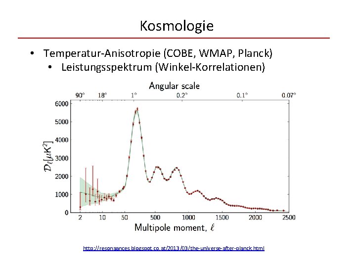 Kosmologie • Temperatur-Anisotropie (COBE, WMAP, Planck) • Leistungsspektrum (Winkel-Korrelationen) http: //resonaances. blogspot. co. at/2013/03/the-universe-after-planck.