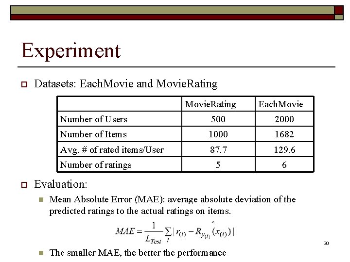 Experiment o Datasets: Each. Movie and Movie. Rating Number of Users 500 2000 Number