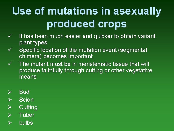 Use of mutations in asexually produced crops ü ü ü Ø Ø Ø It