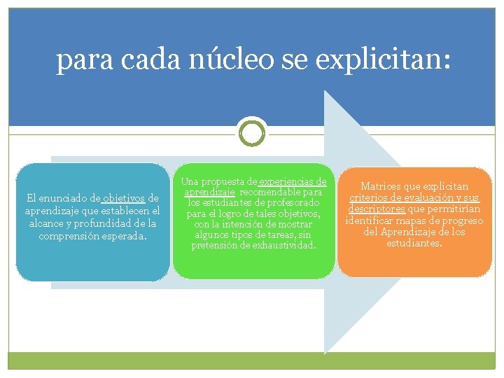 para cada núcleo se explicitan: El enunciado de objetivos de aprendizaje que establecen el
