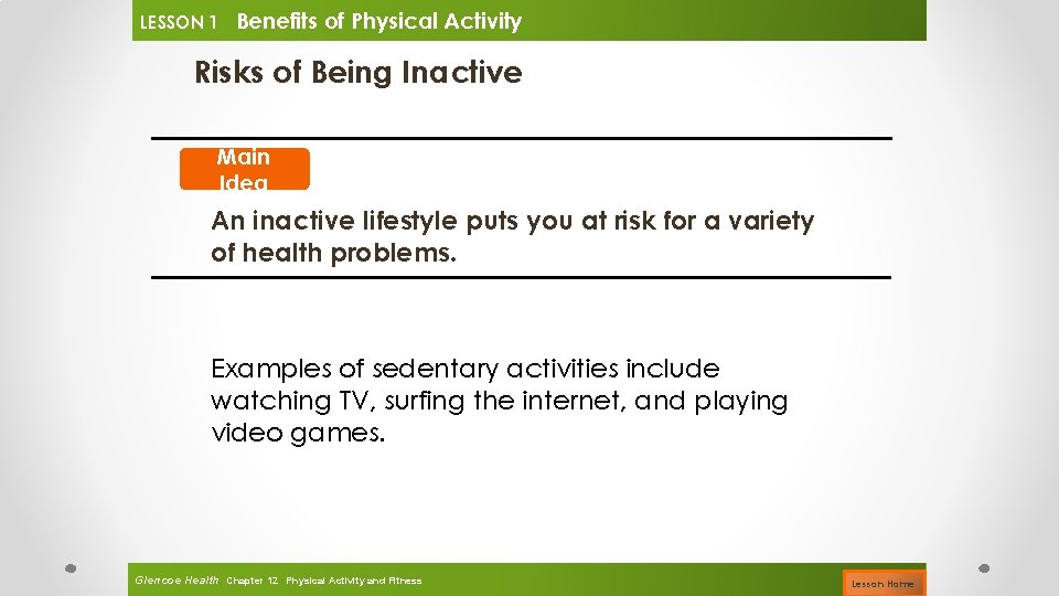 LESSON 1 Benefits of Physical Activity Risks of Being Inactive Main Idea An inactive