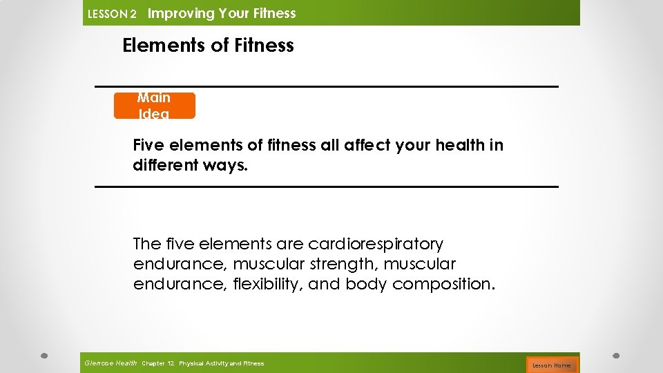 LESSON 2 Improving Your Fitness Elements of Fitness Main Idea Five elements of fitness