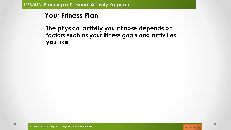 LESSON 3 Planning a Personal Activity Program Your Fitness Plan The physical activity you