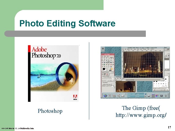 Photo Editing Software Photoshop 000 -209 Intro to CS. 10/Multimedia Data The Gimp (free(