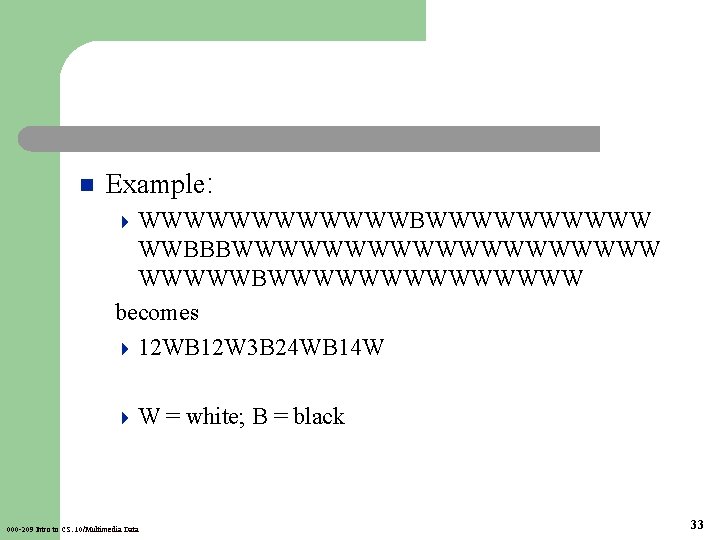 n Example: 4 WWWWWWBWWWWW WWBBBWWWWWWWWWWBWWWWWWW becomes 4 12 WB 12 W 3 B 24