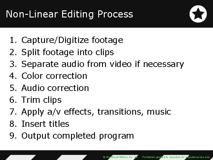 Non-Linear Editing Process 1. 2. 3. 4. 5. 6. 7. 8. 9. Capture/Digitize footage