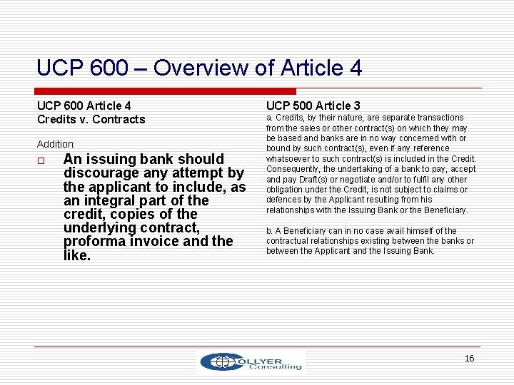 UCP 600 – Overview of Article 4 UCP 600 Article 4 Credits v. Contracts