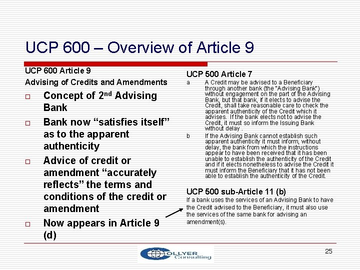 UCP 600 – Overview of Article 9 UCP 600 Article 9 Advising of Credits