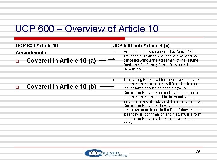 UCP 600 – Overview of Article 10 UCP 600 Article 10 Amendments o o