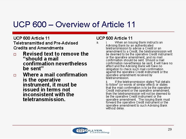 UCP 600 – Overview of Article 11 UCP 600 Article 11 Teletransmitted and Pre-Advised