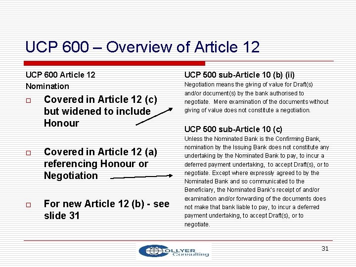 UCP 600 – Overview of Article 12 UCP 600 Article 12 Nomination o Covered