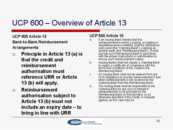 UCP 600 – Overview of Article 13 UCP 600 Article 13 Bank-to-Bank Reimbursement Arrangements