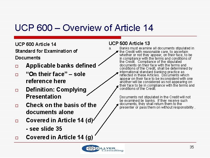 UCP 600 – Overview of Article 14 UCP 600 Article 14 Standard for Examination