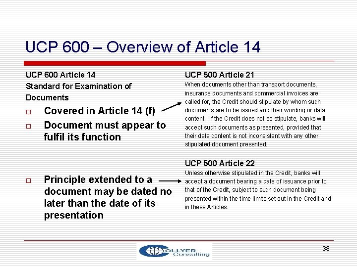 UCP 600 – Overview of Article 14 UCP 600 Article 14 Standard for Examination