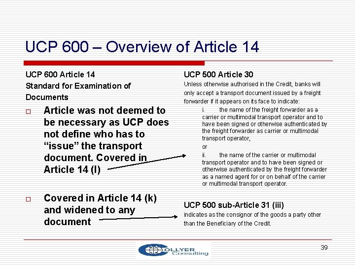 UCP 600 – Overview of Article 14 UCP 600 Article 14 Standard for Examination