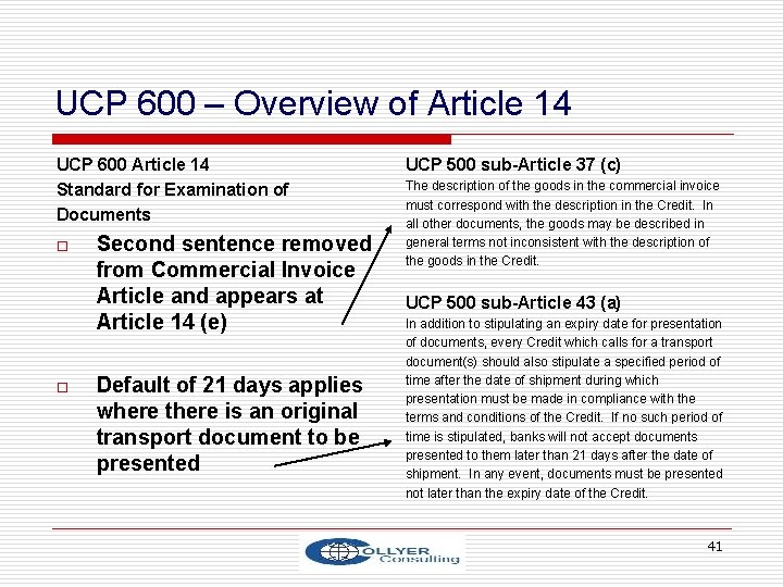 UCP 600 – Overview of Article 14 UCP 600 Article 14 Standard for Examination