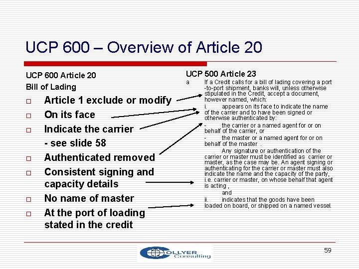 UCP 600 – Overview of Article 20 UCP 600 Article 20 Bill of Lading