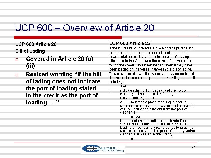 UCP 600 – Overview of Article 20 UCP 600 Article 20 Bill of Lading