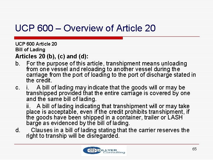 UCP 600 – Overview of Article 20 UCP 600 Article 20 Bill of Lading