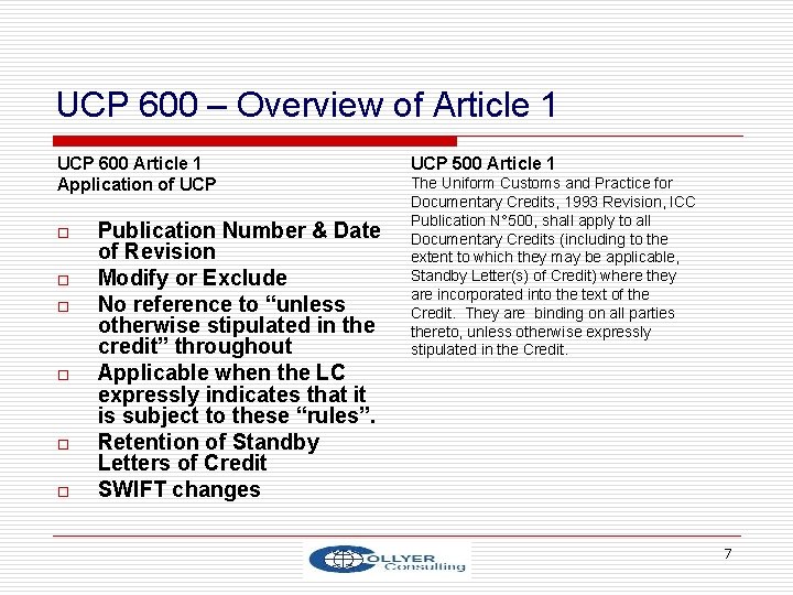 UCP 600 – Overview of Article 1 UCP 600 Article 1 Application of UCP