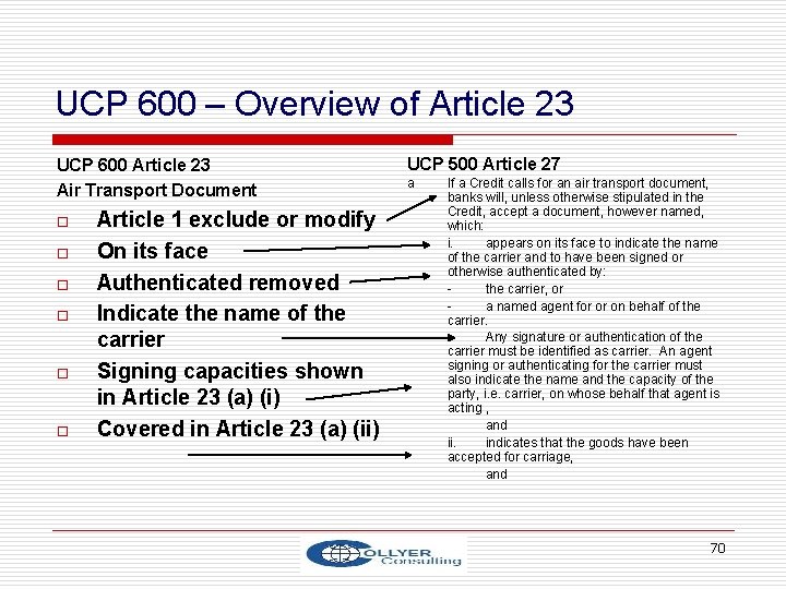 UCP 600 – Overview of Article 23 UCP 600 Article 23 Air Transport Document