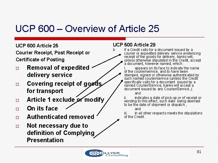 UCP 600 – Overview of Article 25 UCP 600 Article 25 Courier Receipt, Post