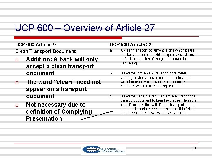 UCP 600 – Overview of Article 27 UCP 600 Article 27 Clean Transport Document