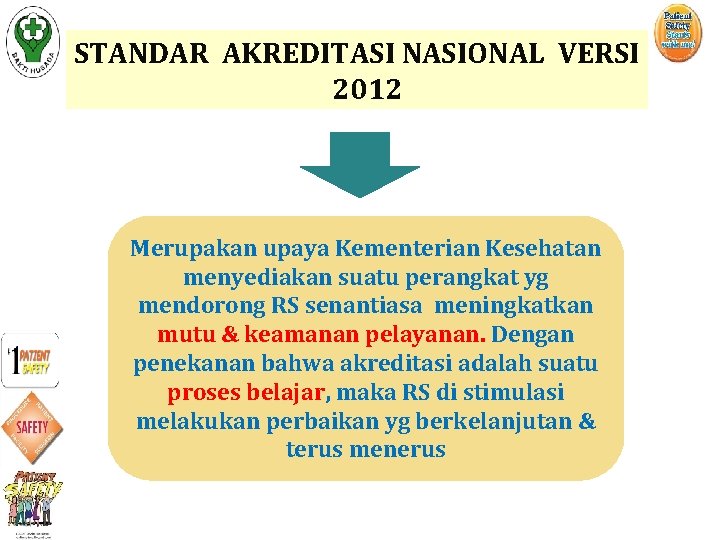 STANDAR AKREDITASI NASIONAL VERSI 2012 Merupakan upaya Kementerian Kesehatan menyediakan suatu perangkat yg mendorong