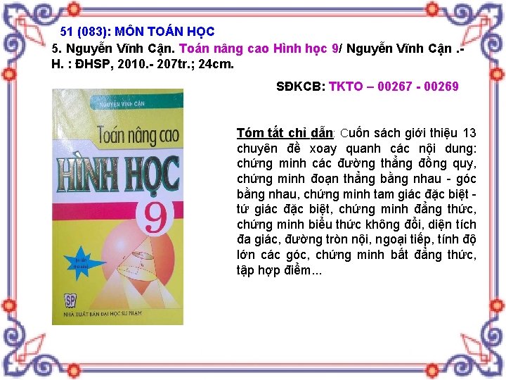 51 (083): MÔN TOÁN HỌC 5. Nguyễn Vĩnh Cận. Toán nâng cao Hình học