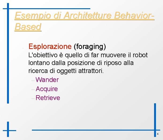 Esempio di Architetture Behavior. Based • Esplorazione (foraging) L'obiettivo è quello di far muovere