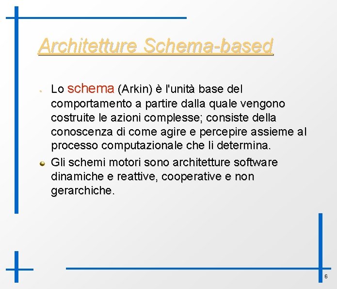 Architetture Schema-based • Lo schema (Arkin) è l'unità base del comportamento a partire dalla