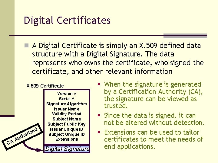 Digital Certificates n A Digital Certificate is simply an X. 509 defined data structure