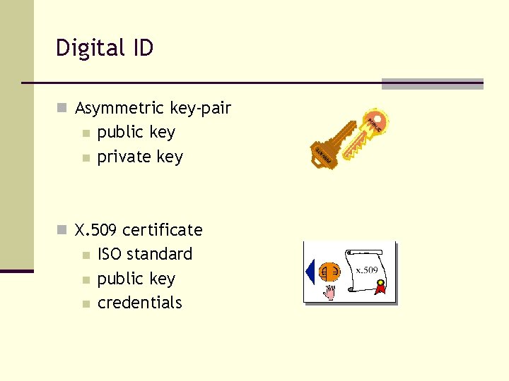 Digital ID n Asymmetric key-pair n n public key private key n X. 509