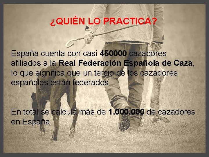 ¿QUIÉN LO PRACTICA? España cuenta con casi 450000 cazadores afiliados a la Real Federación